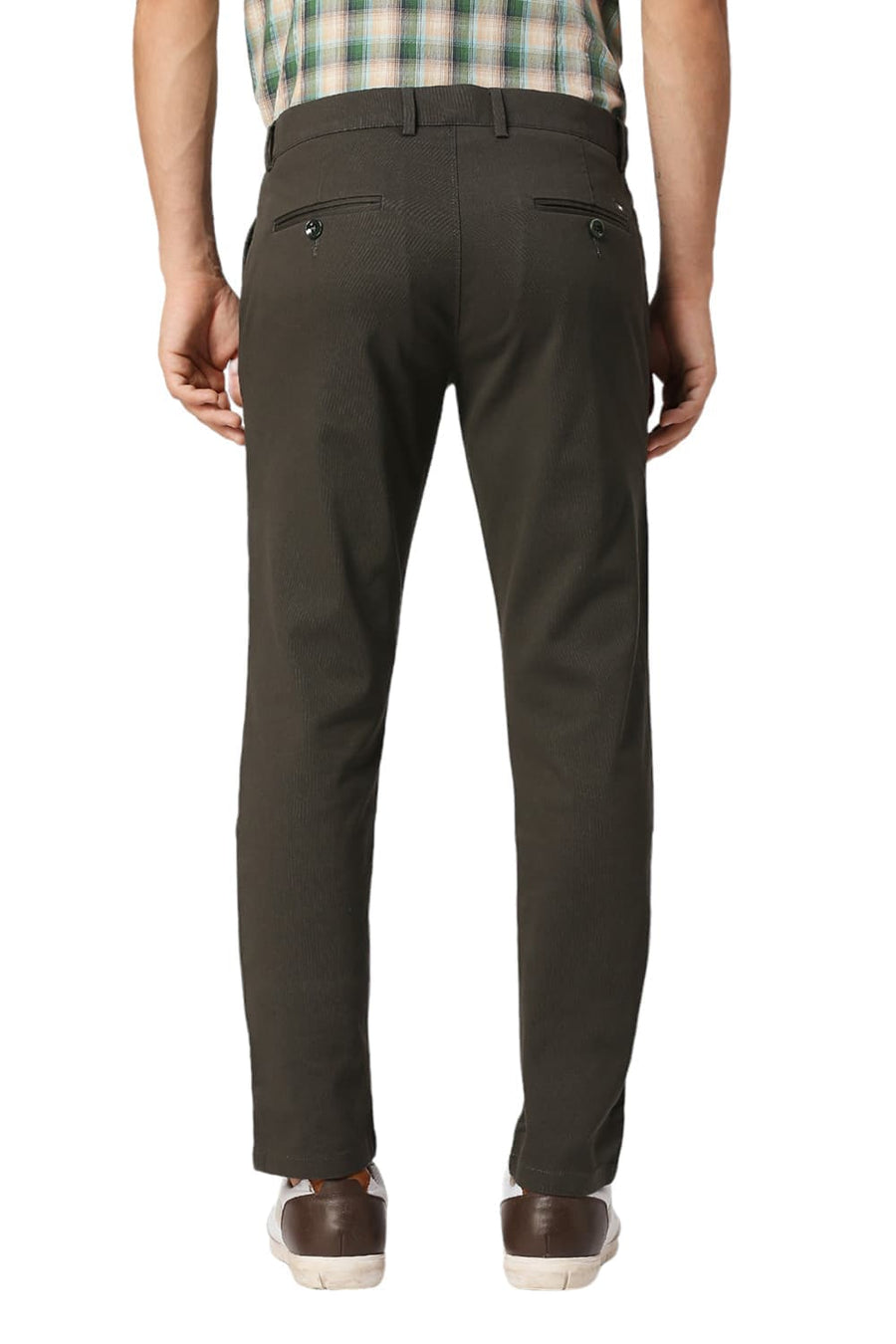 BASICS TAPERED FIT FOREST OLIVE COTTON STRETCH DOBBY TROUSERS
