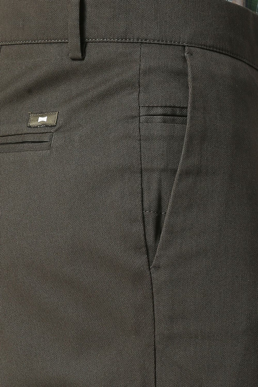 BASICS TAPERED FIT FOREST OLIVE COTTON STRETCH DOBBY TROUSERS