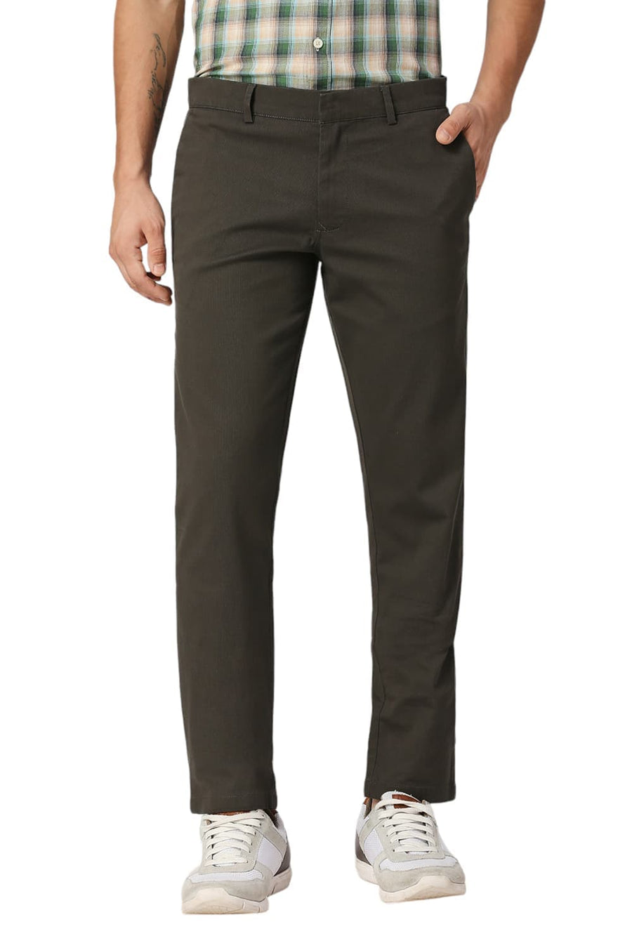 BASICS TAPERED FIT FOREST OLIVE COTTON STRETCH DOBBY TROUSERS