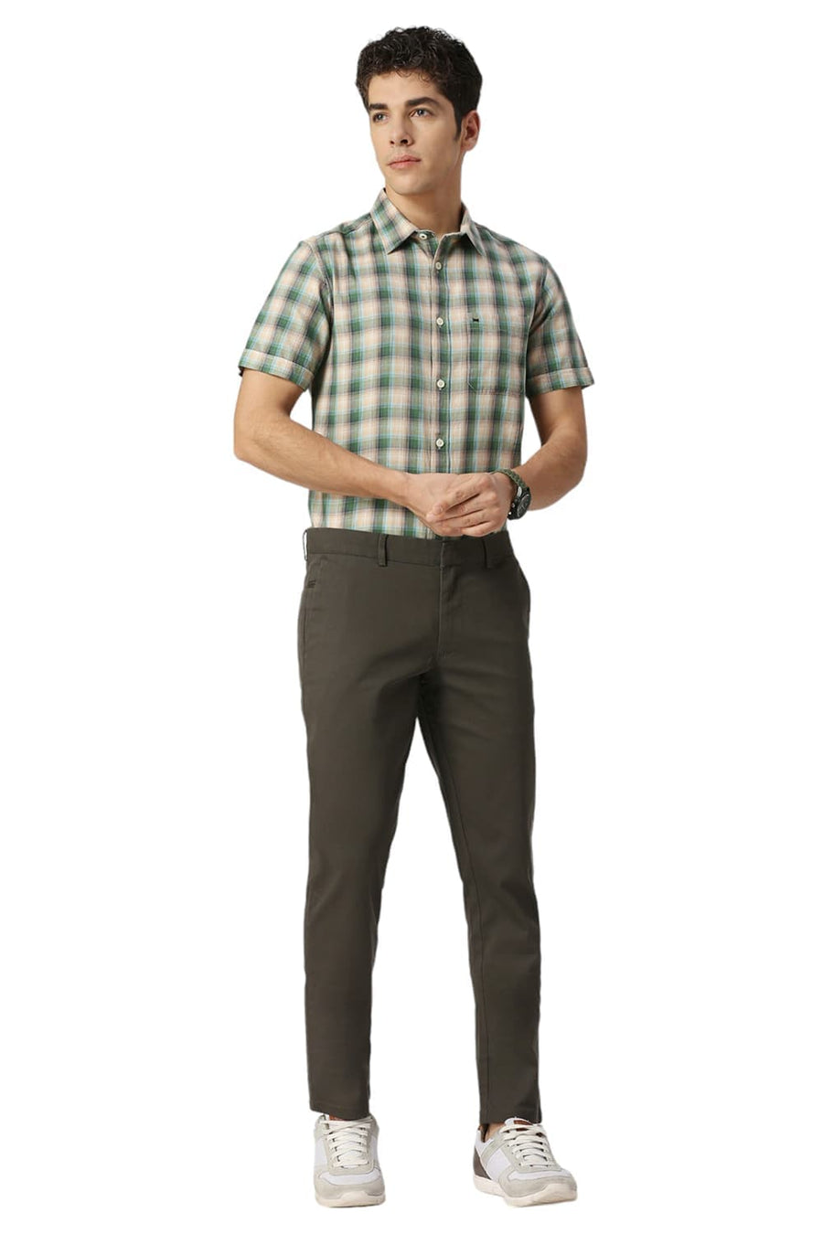 BASICS TAPERED FIT FOREST OLIVE COTTON STRETCH DOBBY TROUSERS
