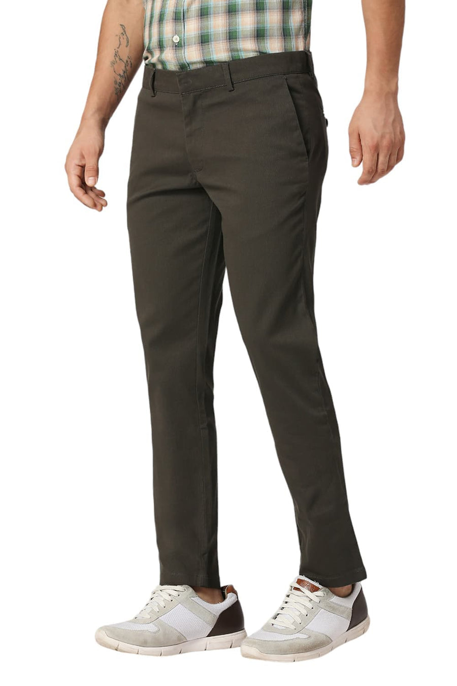 BASICS TAPERED FIT FOREST OLIVE COTTON STRETCH DOBBY TROUSERS