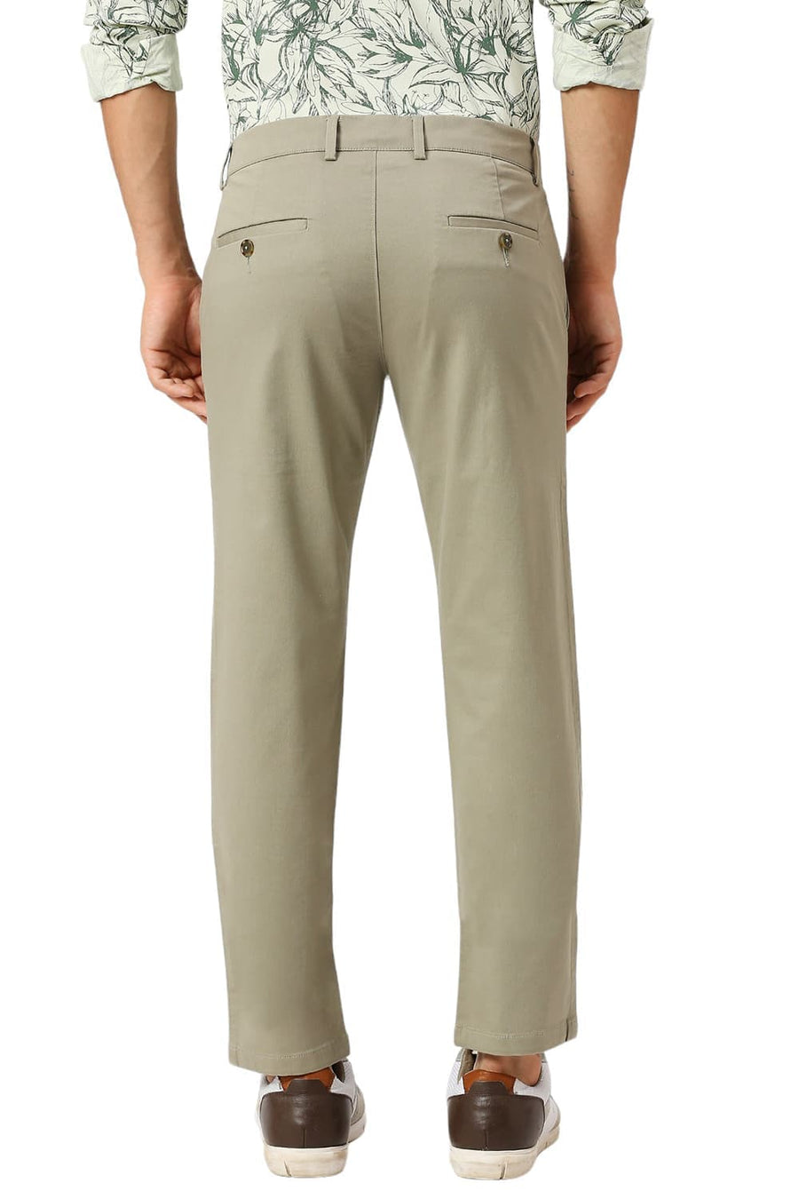 BASICS TAPERED FIT LAUREL MID GREEN COTTON STRETCH DOBBY TROUSERS
