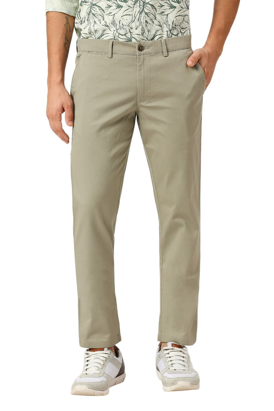 BASICS TAPERED FIT LAUREL MID GREEN COTTON STRETCH DOBBY TROUSERS