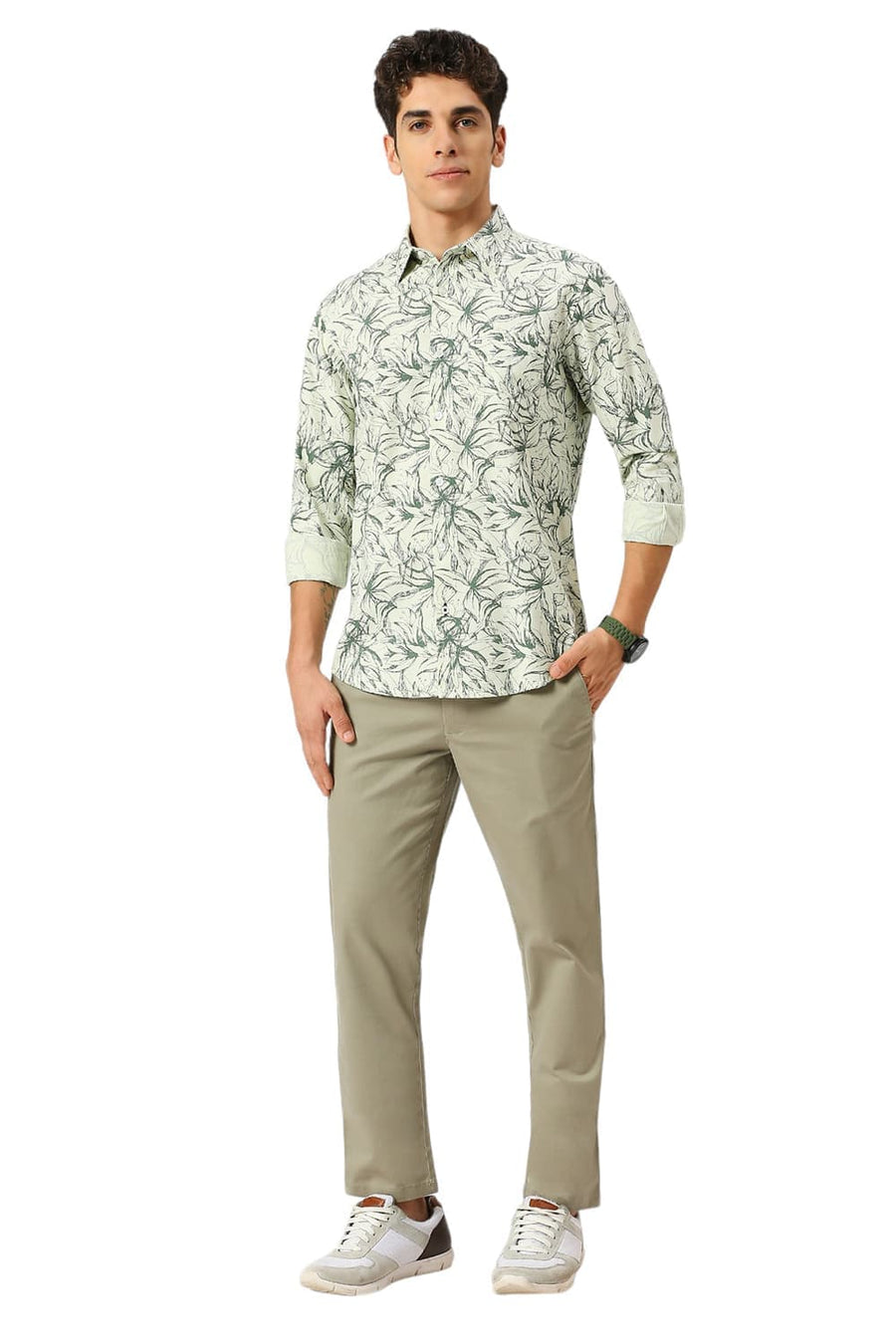 BASICS TAPERED FIT LAUREL MID GREEN COTTON STRETCH DOBBY TROUSERS