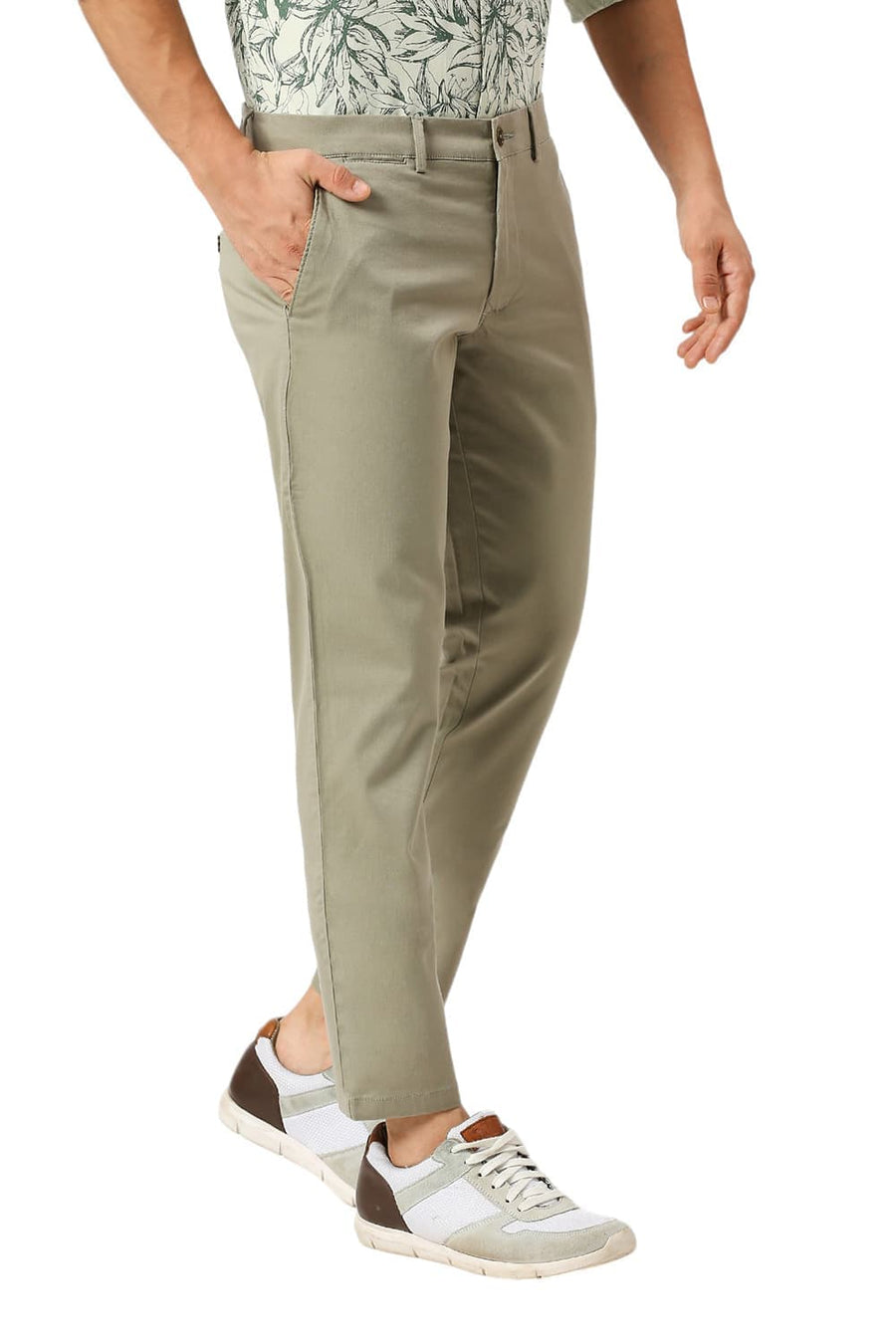 BASICS TAPERED FIT LAUREL MID GREEN COTTON STRETCH DOBBY TROUSERS