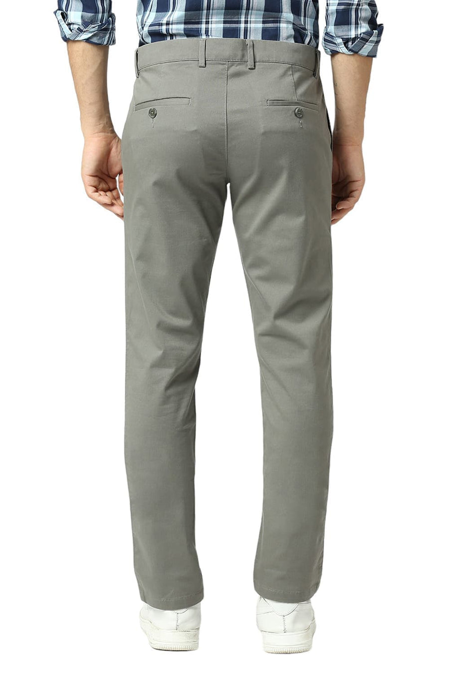 BASICS TAPERED FIT GUN METAL MID GREY COTTON STRETCH DOBBY TROUSERS