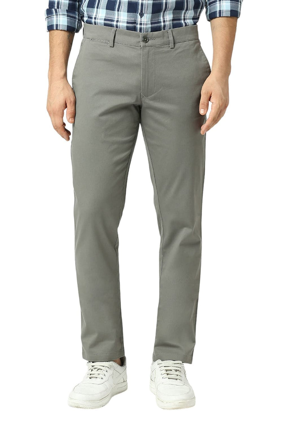 BASICS TAPERED FIT GUN METAL MID GREY COTTON STRETCH DOBBY TROUSERS