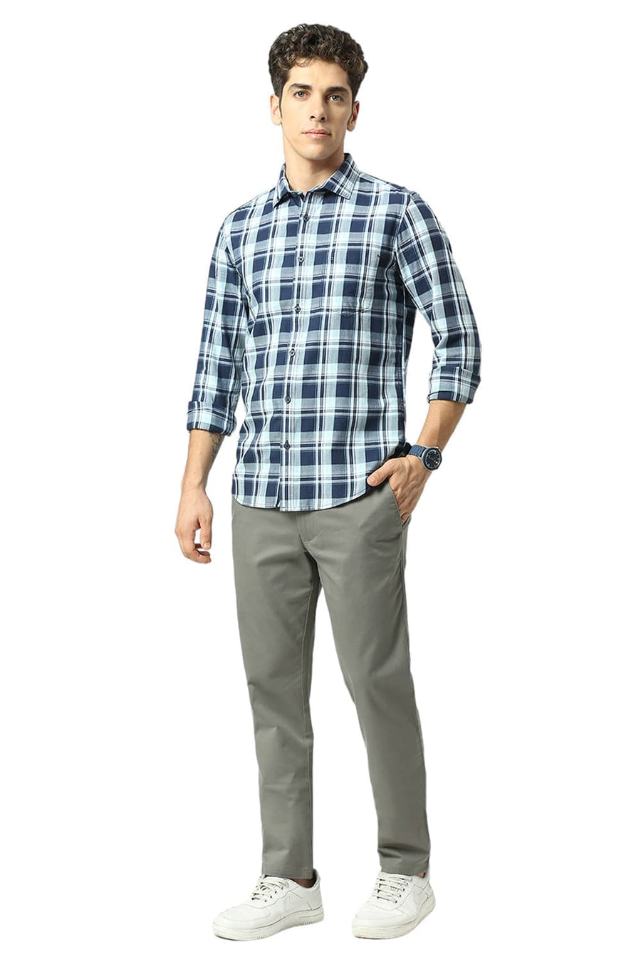 BASICS TAPERED FIT GUN METAL MID GREY COTTON STRETCH DOBBY TROUSERS