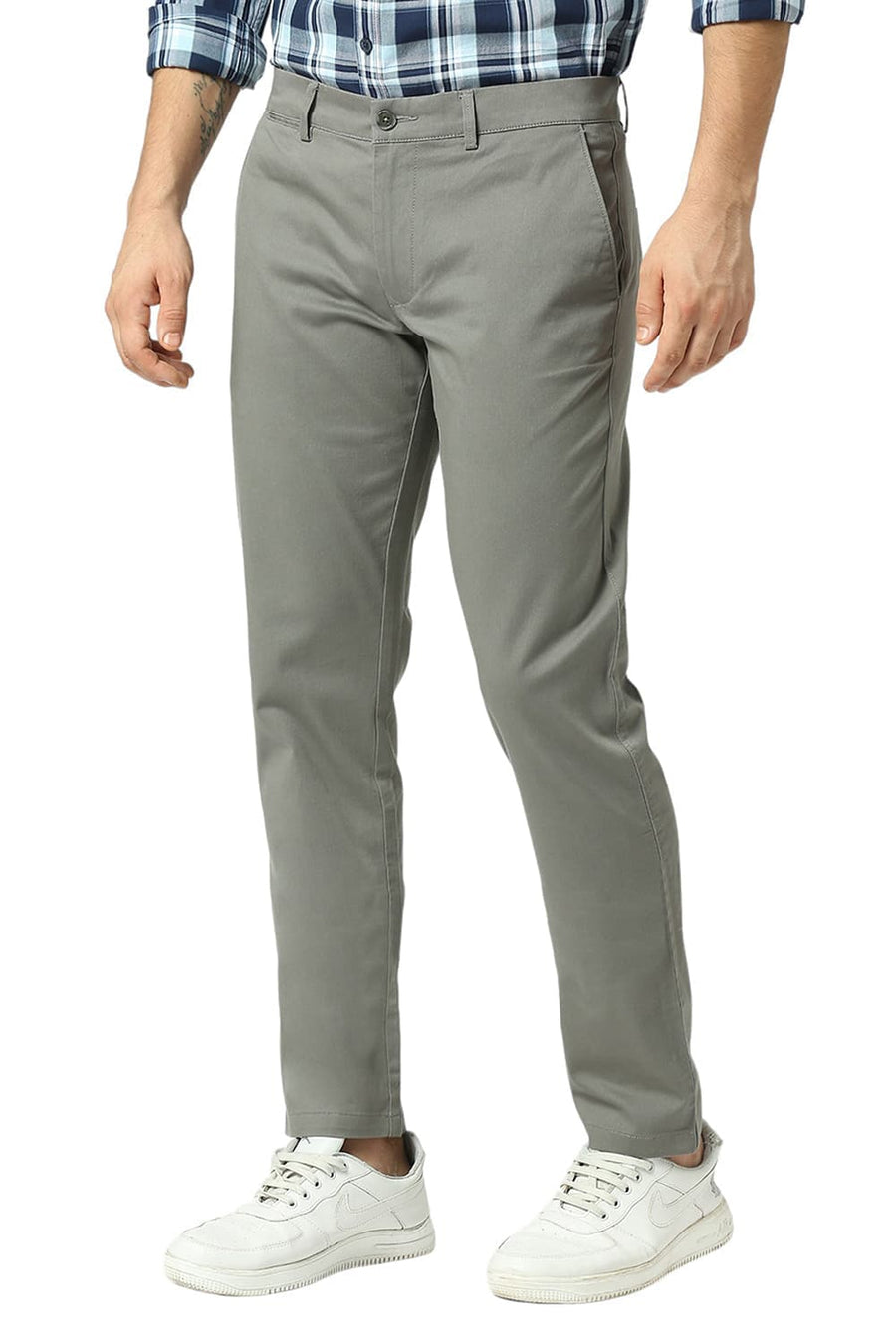 BASICS TAPERED FIT GUN METAL MID GREY COTTON STRETCH DOBBY TROUSERS