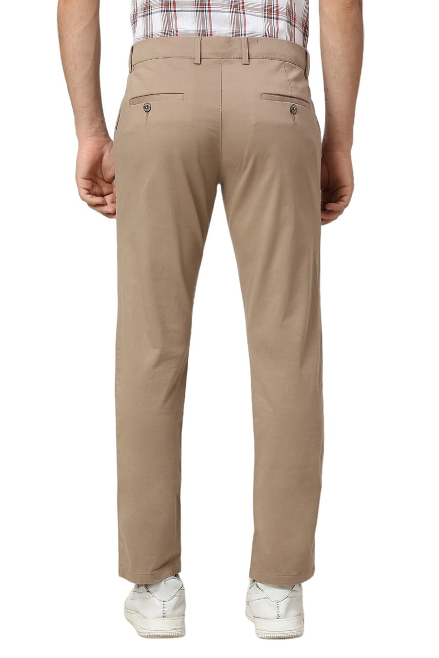BASICS TAPERED FIT TAUPE MID BROWN COTTON STRETCH DOBBY TROUSERS