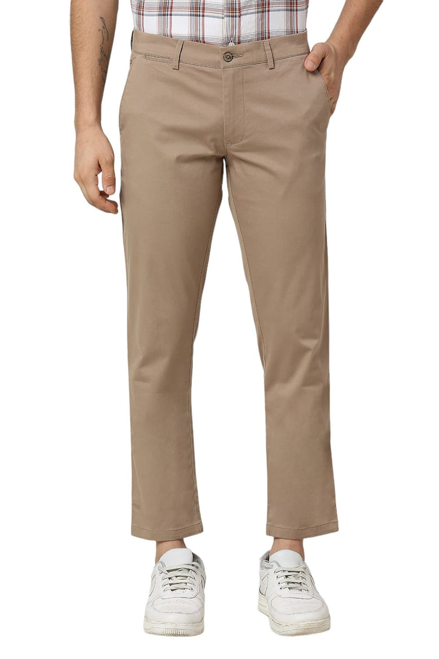 BASICS TAPERED FIT TAUPE MID BROWN COTTON STRETCH DOBBY TROUSERS
