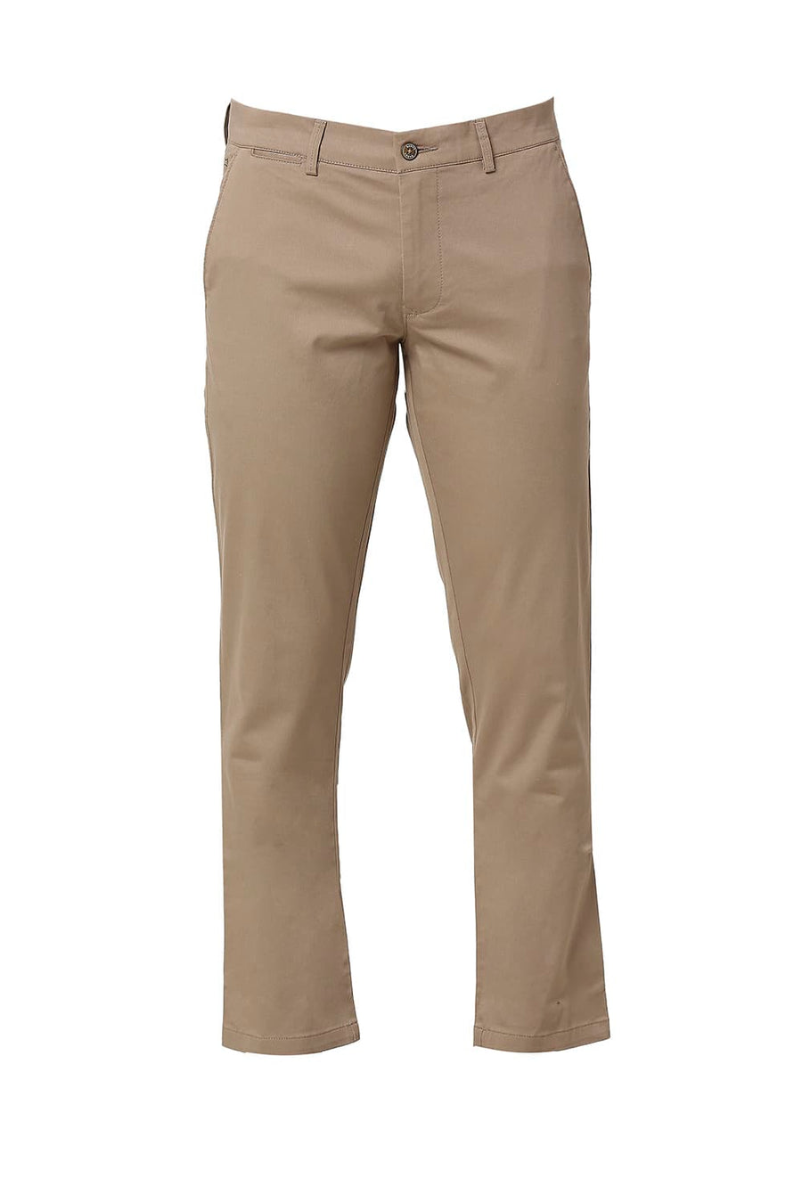 BASICS TAPERED FIT TAUPE MID BROWN COTTON STRETCH DOBBY TROUSERS