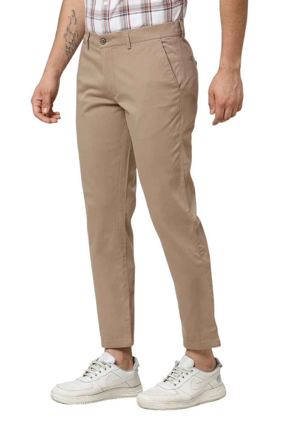 BASICS TAPERED FIT TAUPE MID BROWN COTTON STRETCH DOBBY TROUSERS