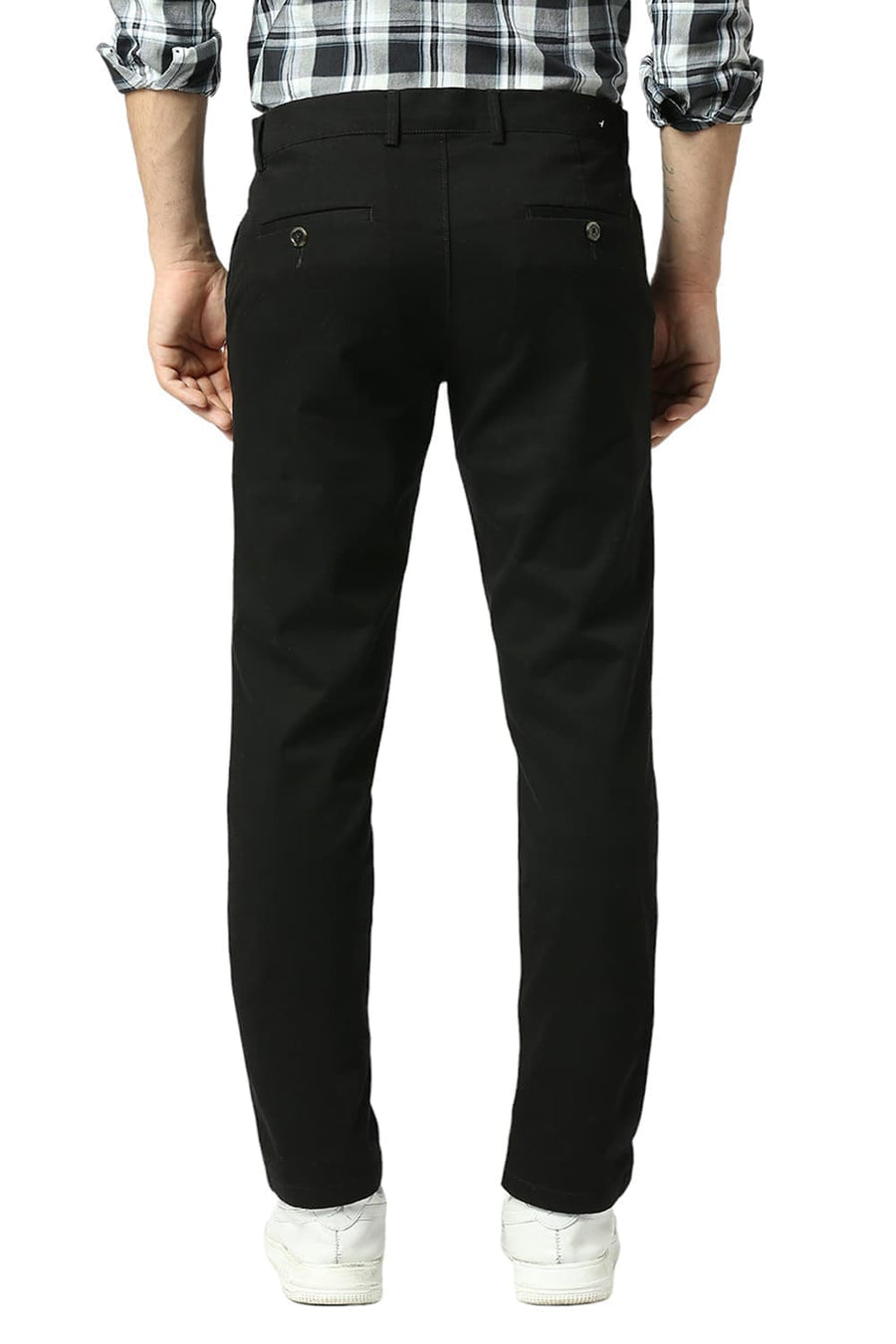 BASICS TAPERED FIT JET BLACK COTTON STRETCH DOBBY TROUSERS