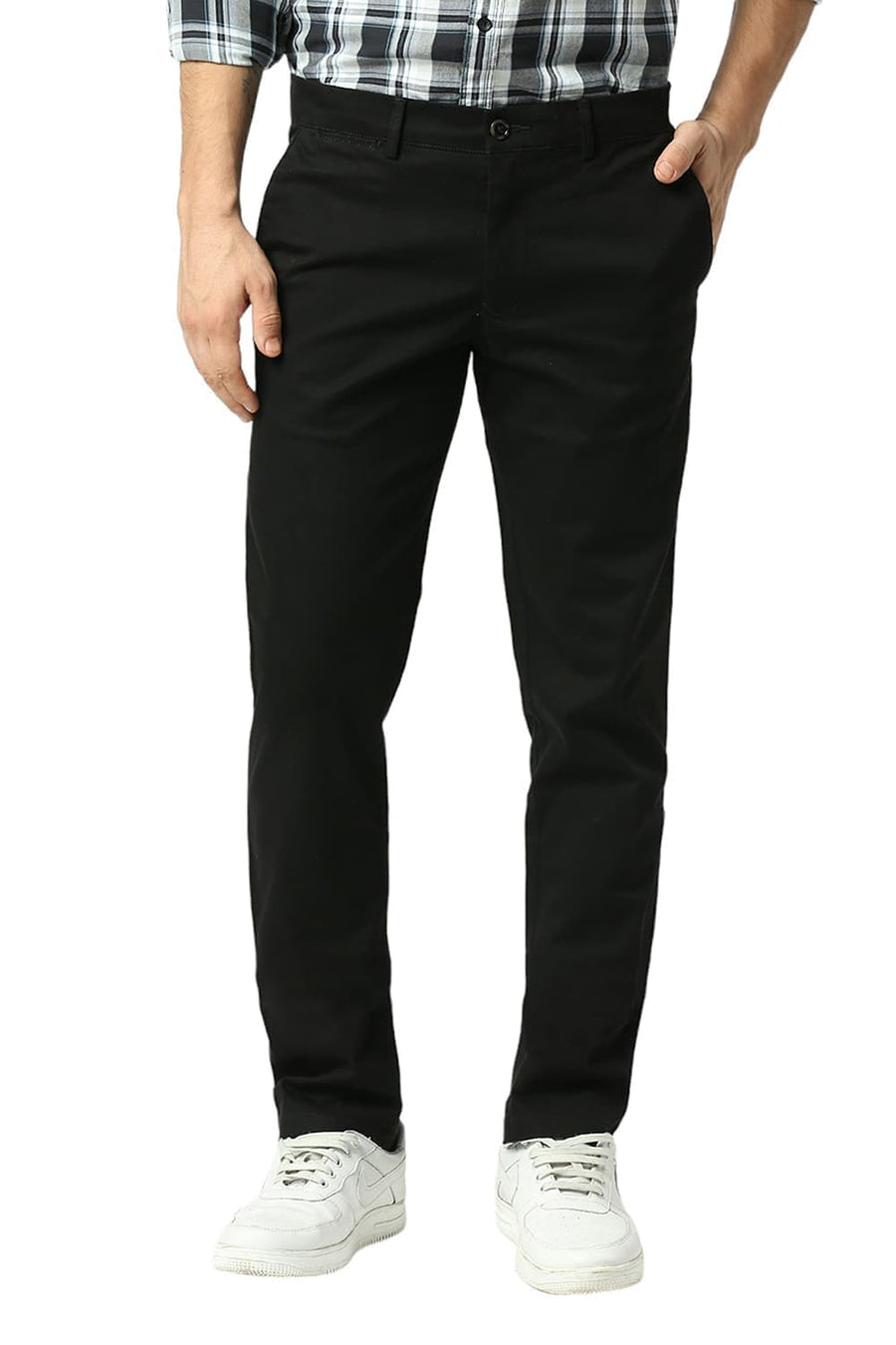 BASICS TAPERED FIT JET BLACK COTTON STRETCH DOBBY TROUSERS
