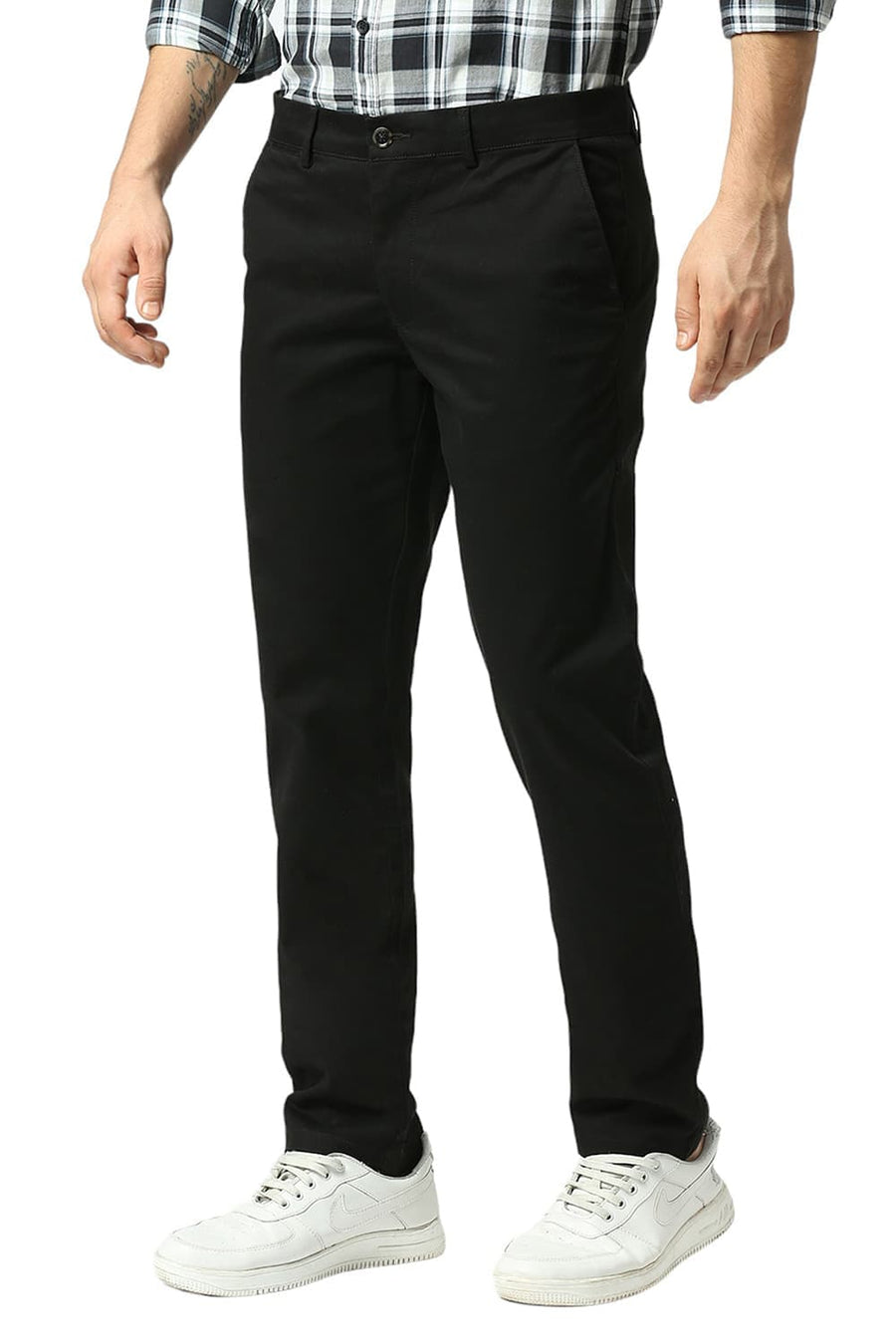 BASICS TAPERED FIT JET BLACK COTTON STRETCH DOBBY TROUSERS