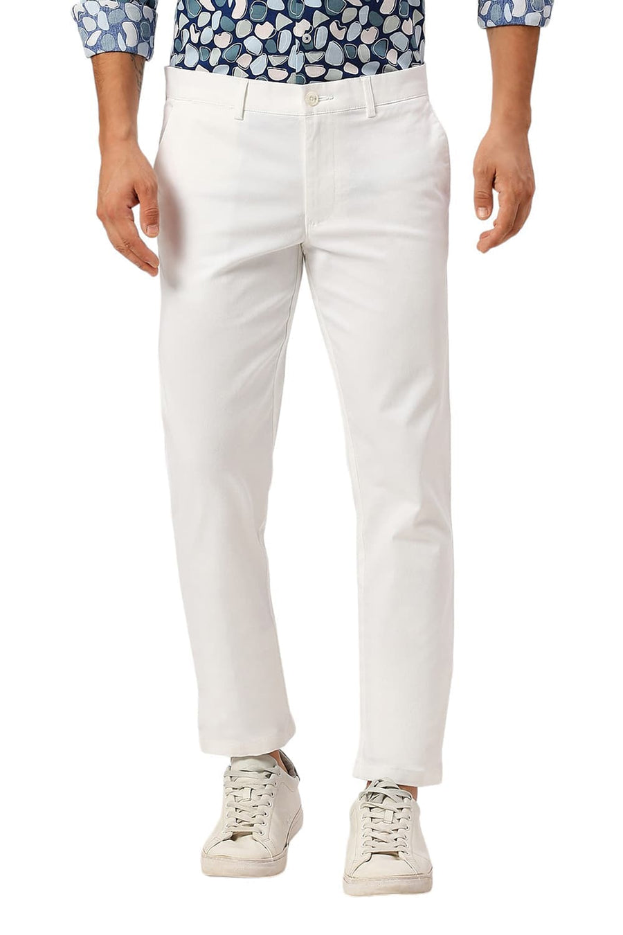 BASICS TAPERED FIT BRIGHT WHITE COTTON STRETCH DOBBY TROUSERS