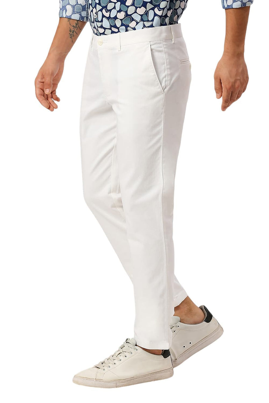BASICS TAPERED FIT BRIGHT WHITE COTTON STRETCH DOBBY TROUSERS