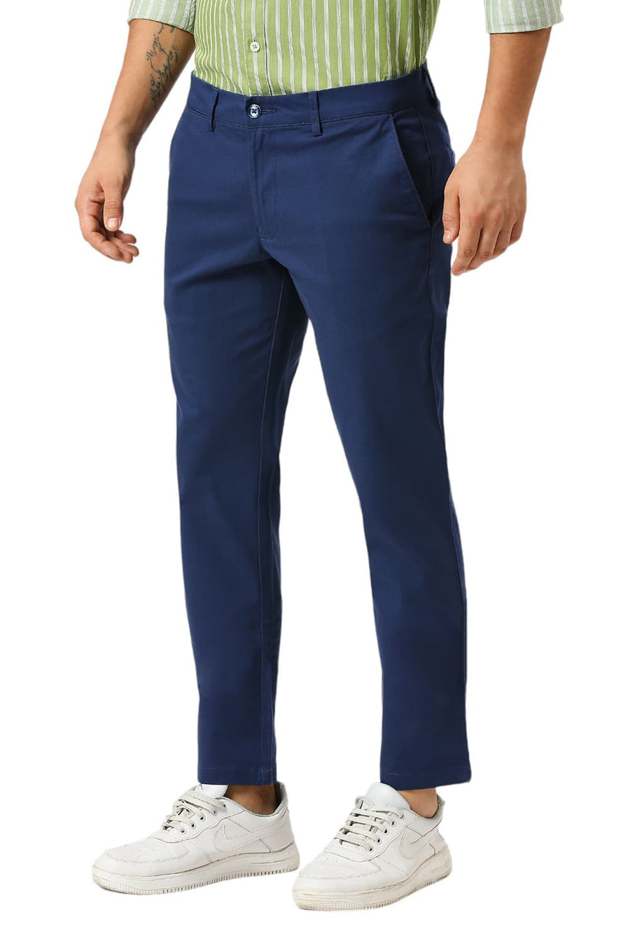 BASICS TAPERED FIT ENSIGN BLUE COTTON STRETCH DOBBY TROUSERS