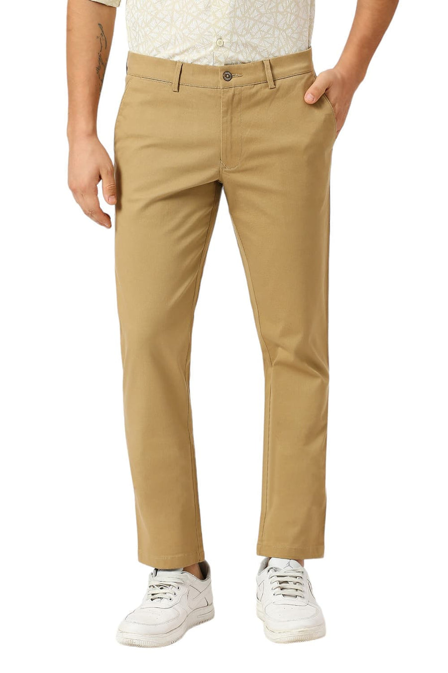 BASICS TAPERED FIT INCENSE KHAKI COTTON STRETCH DOBBY TROUSERS