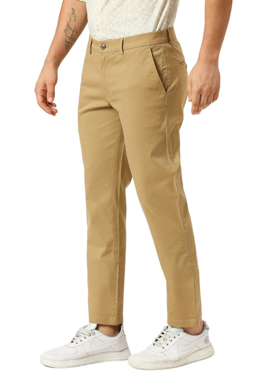 BASICS TAPERED FIT INCENSE KHAKI COTTON STRETCH DOBBY TROUSERS