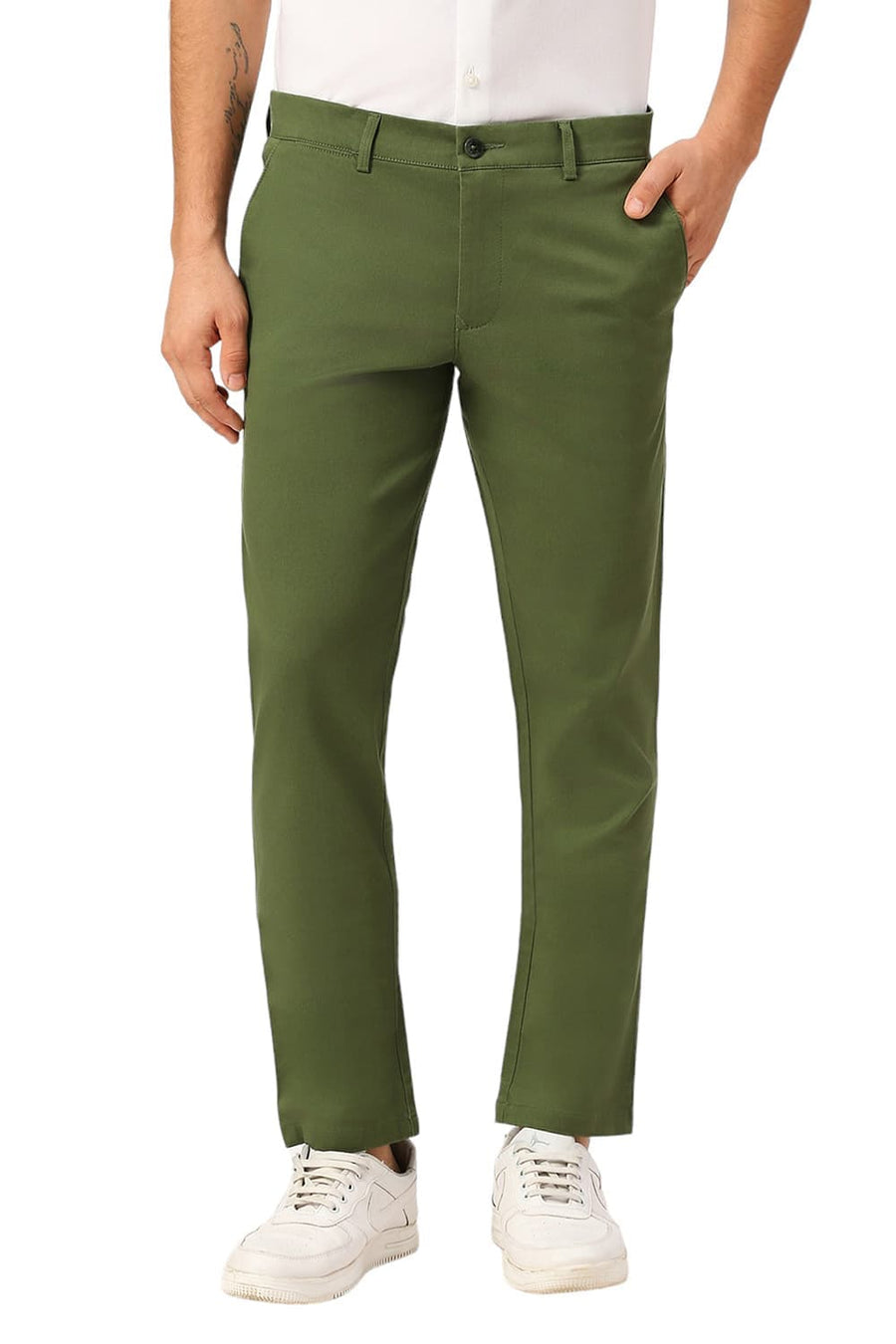 BASICS TAPERED FIT MOUNTAIN GREEN COTTON STRETCH DOBBY TROUSERS