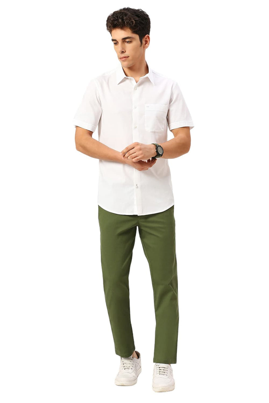 BASICS TAPERED FIT MOUNTAIN GREEN COTTON STRETCH DOBBY TROUSERS