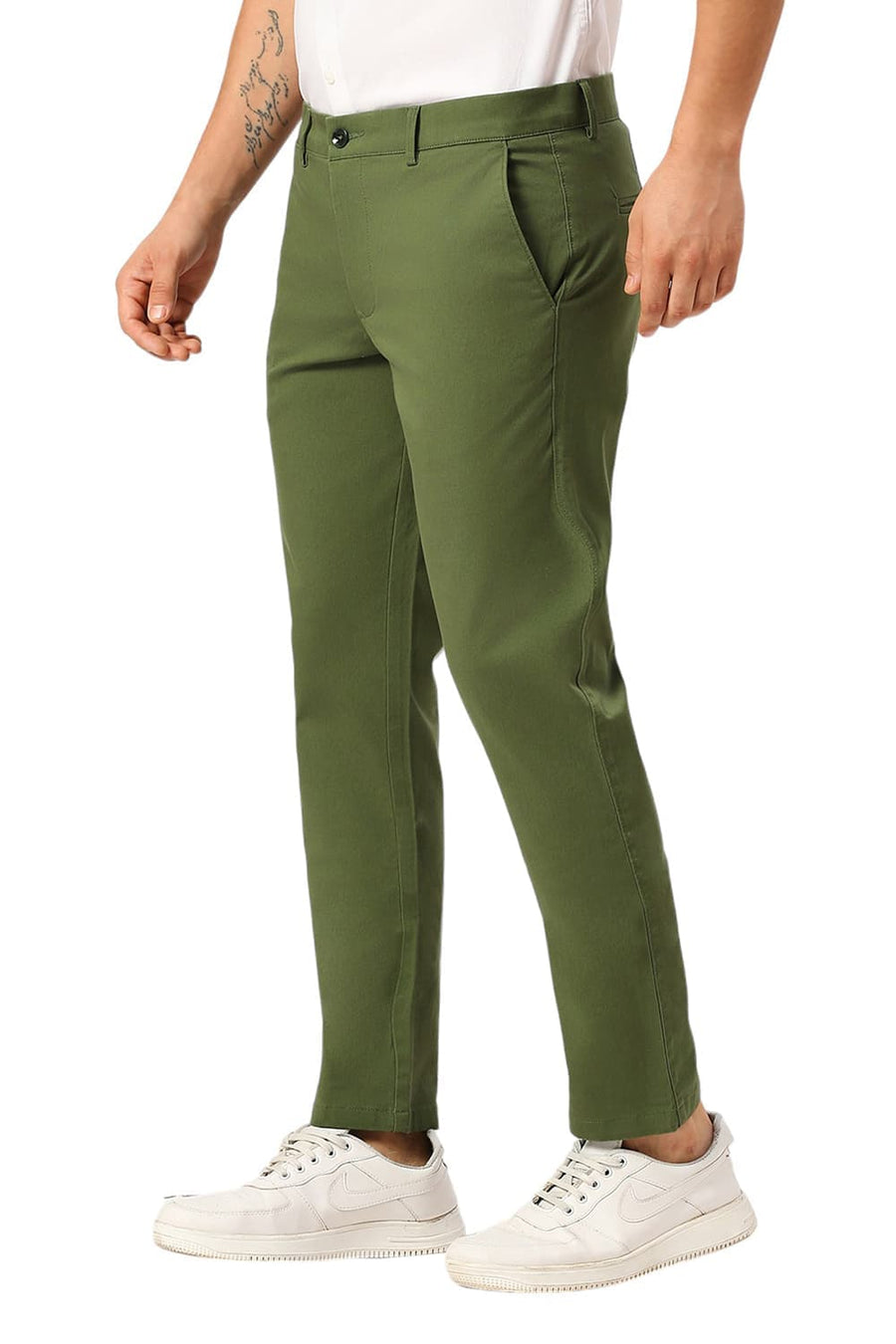 BASICS TAPERED FIT MOUNTAIN GREEN COTTON STRETCH DOBBY TROUSERS