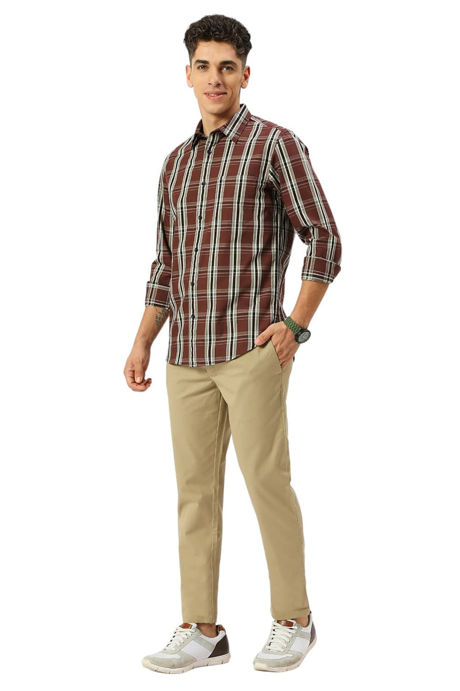 BASICS TAPERED FIT TREE HOUSE KHAKI COTTON STRETCH DOBBY TROUSERS