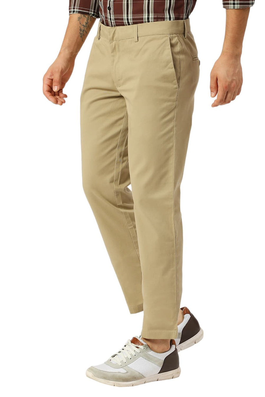 BASICS TAPERED FIT TREE HOUSE KHAKI COTTON STRETCH DOBBY TROUSERS