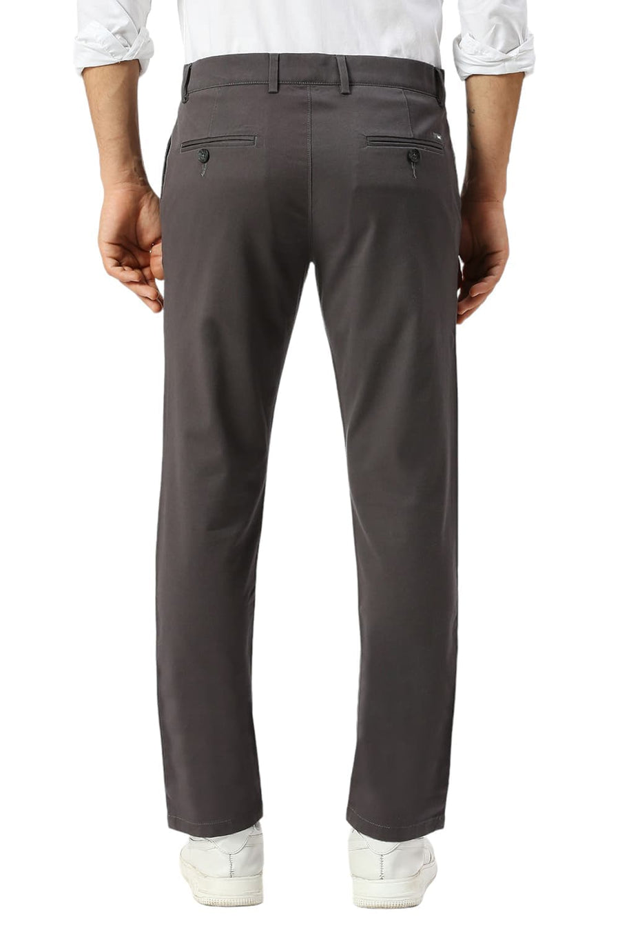 BASICS TAPERED FIT ASPHALT DARK GREY COTTON STRETCH DOBBY TROUSERS