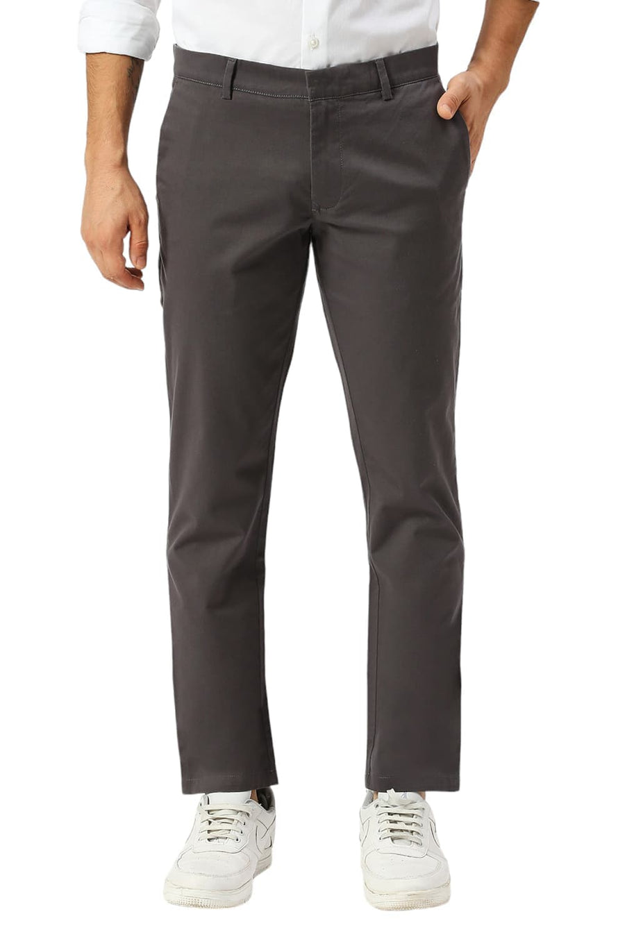 BASICS TAPERED FIT ASPHALT DARK GREY COTTON STRETCH DOBBY TROUSERS