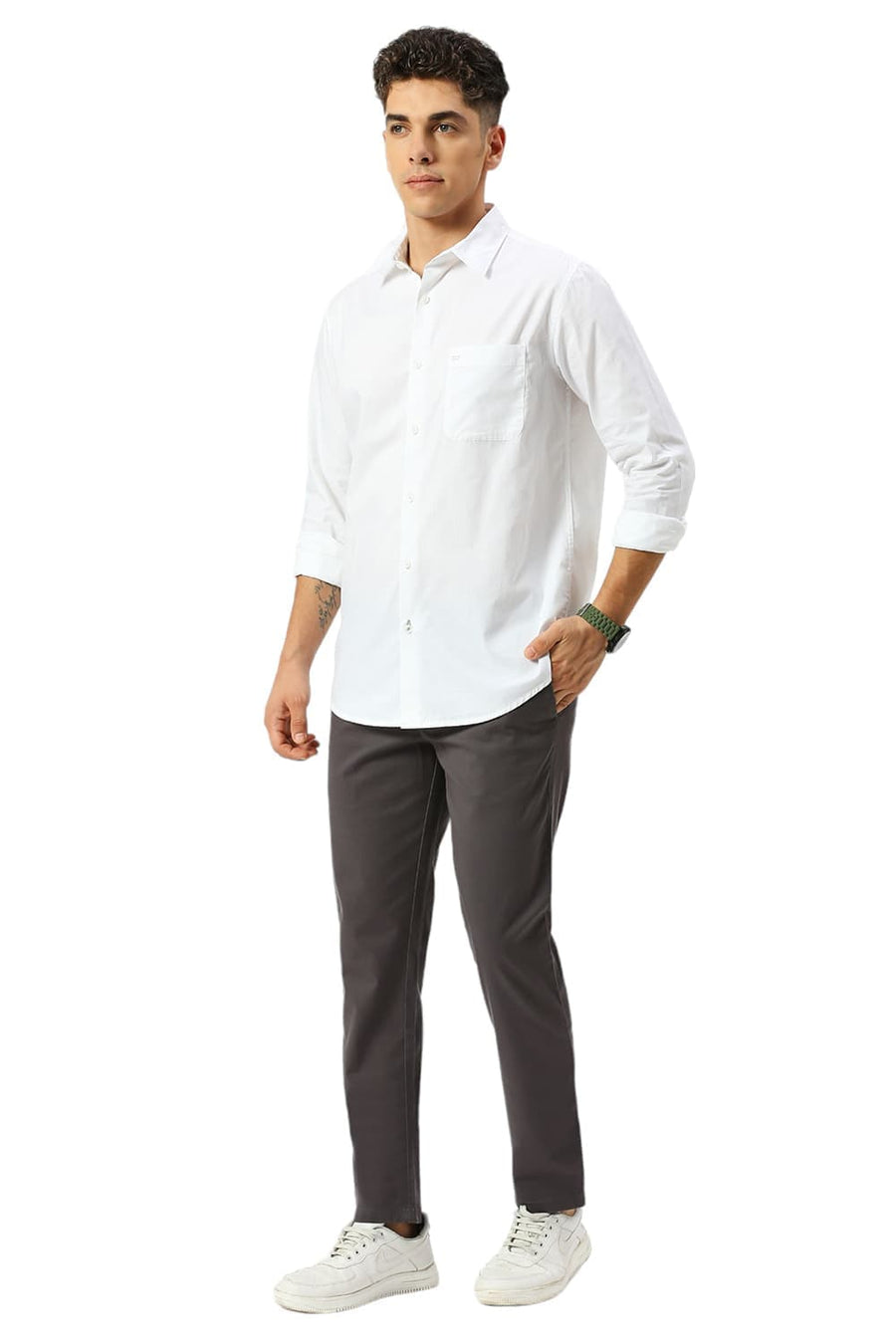 BASICS TAPERED FIT ASPHALT DARK GREY COTTON STRETCH DOBBY TROUSERS