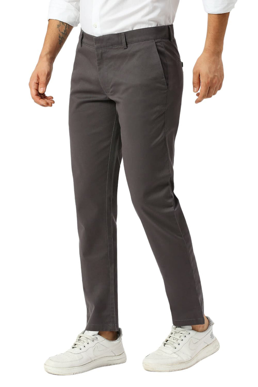 BASICS TAPERED FIT ASPHALT DARK GREY COTTON STRETCH DOBBY TROUSERS