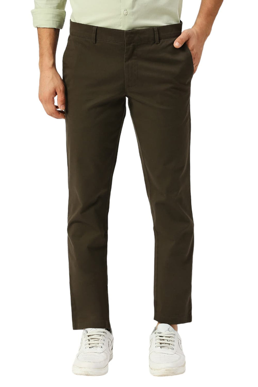 BASICS TAPERED FIT FOREST DARK GREEN COTTON STRETCH DOBBY TROUSERS