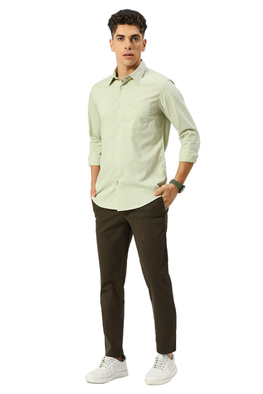 BASICS TAPERED FIT FOREST DARK GREEN COTTON STRETCH DOBBY TROUSERS