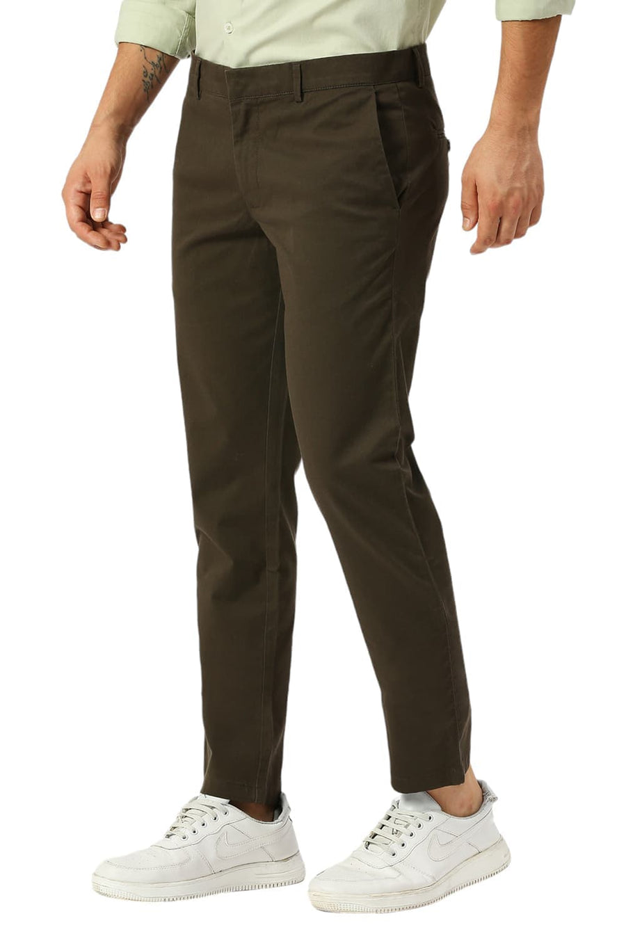 BASICS TAPERED FIT FOREST DARK GREEN COTTON STRETCH DOBBY TROUSERS