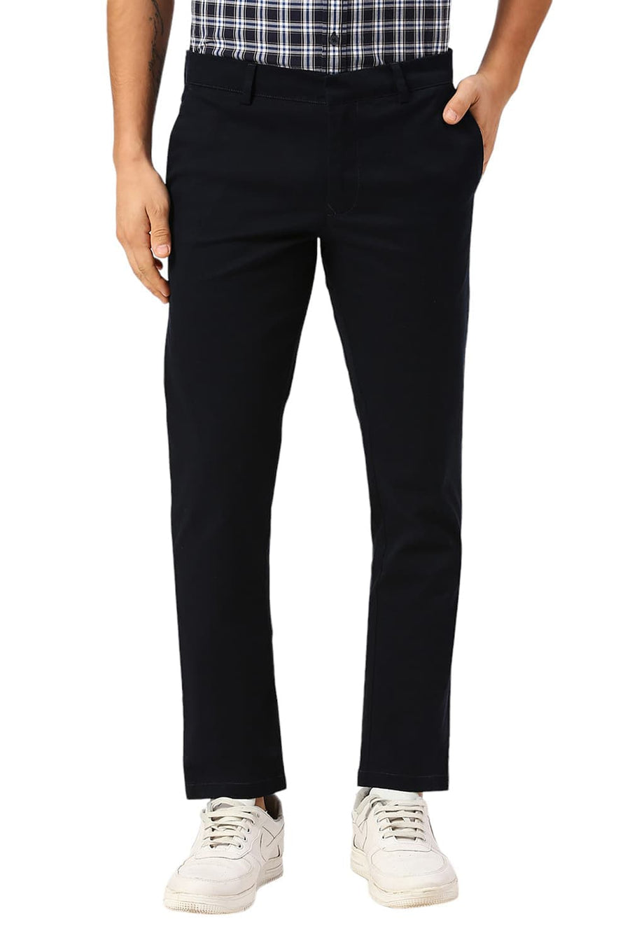 BASICS TAPERED FIT CAPTAIN NAVY COTTON STRETCH DOBBY TROUSERS