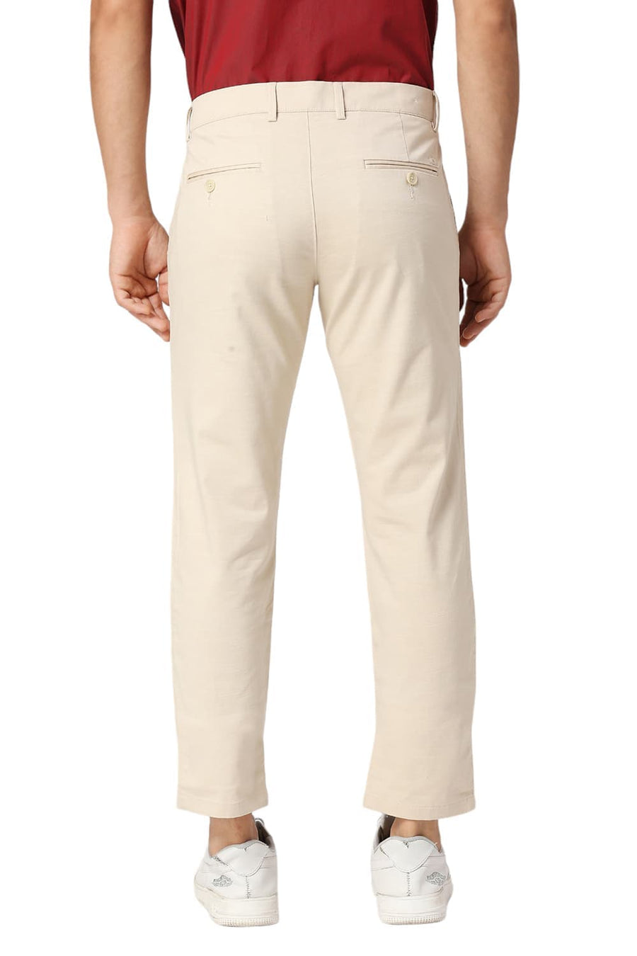 BASICS TAPERED FIT ALMOND BEIGE COTTON STRETCH DOBBY TROUSERS