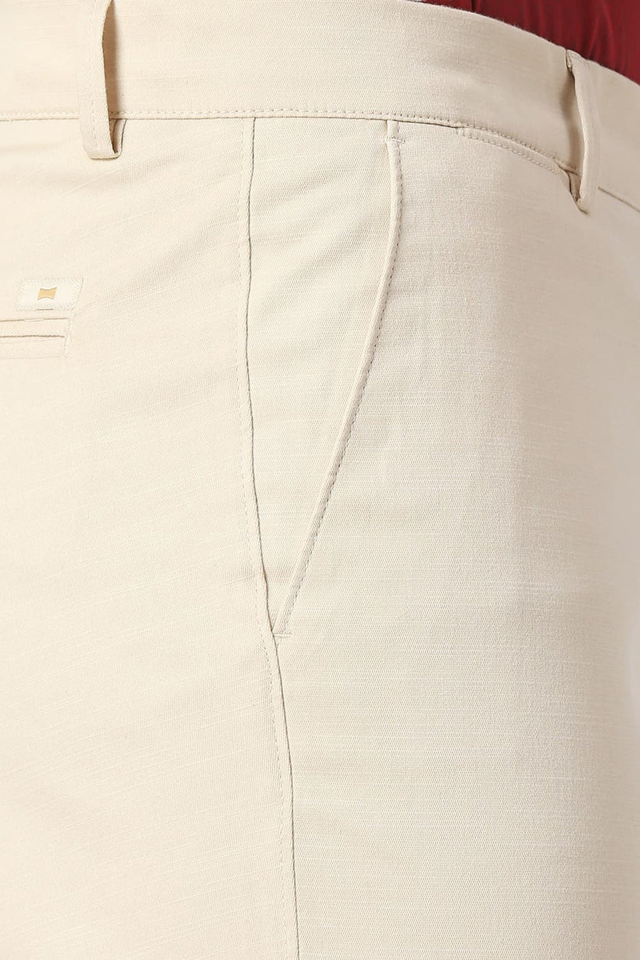 BASICS TAPERED FIT ALMOND BEIGE COTTON STRETCH DOBBY TROUSERS