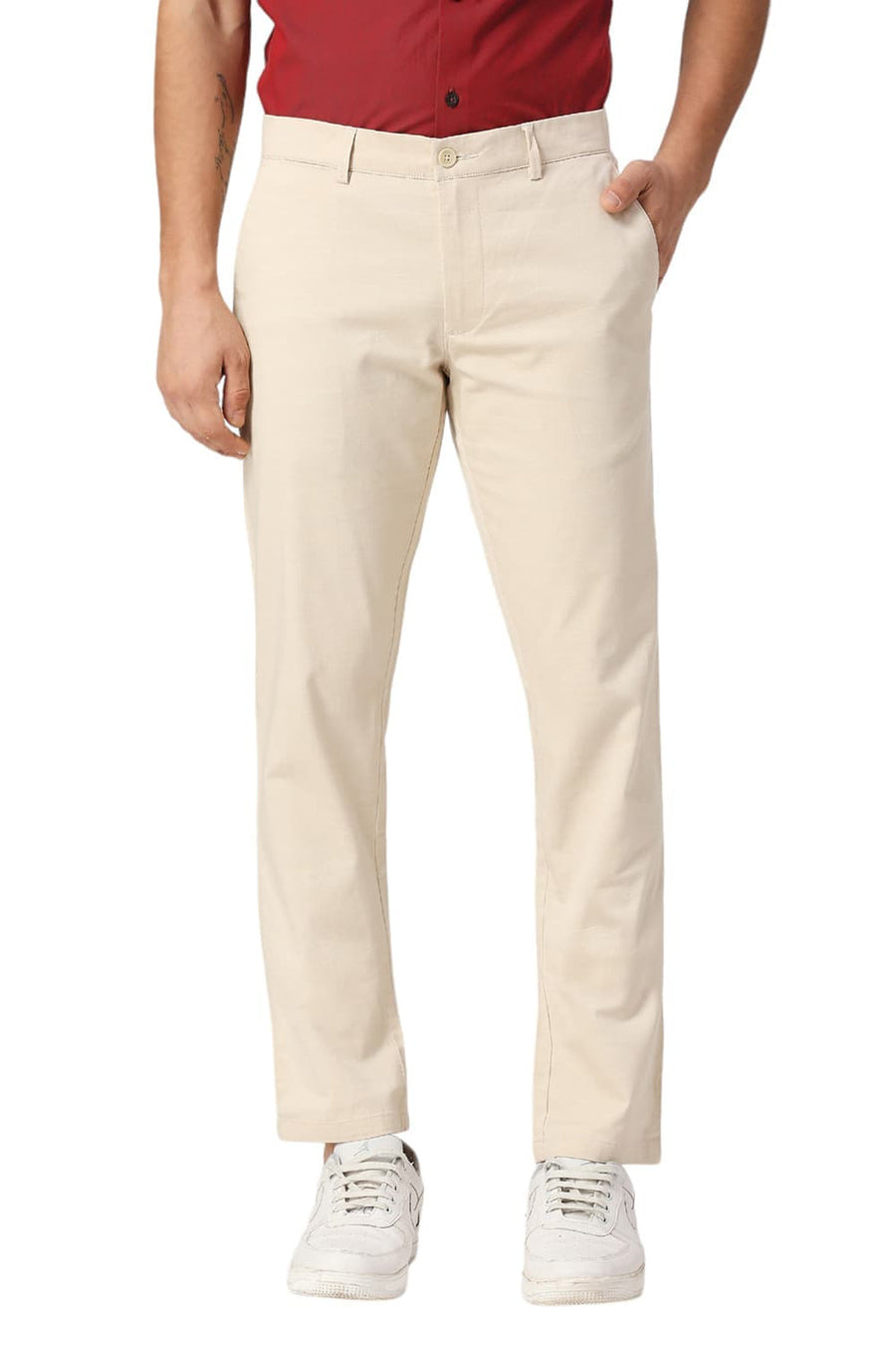 BASICS TAPERED FIT ALMOND BEIGE COTTON STRETCH DOBBY TROUSERS