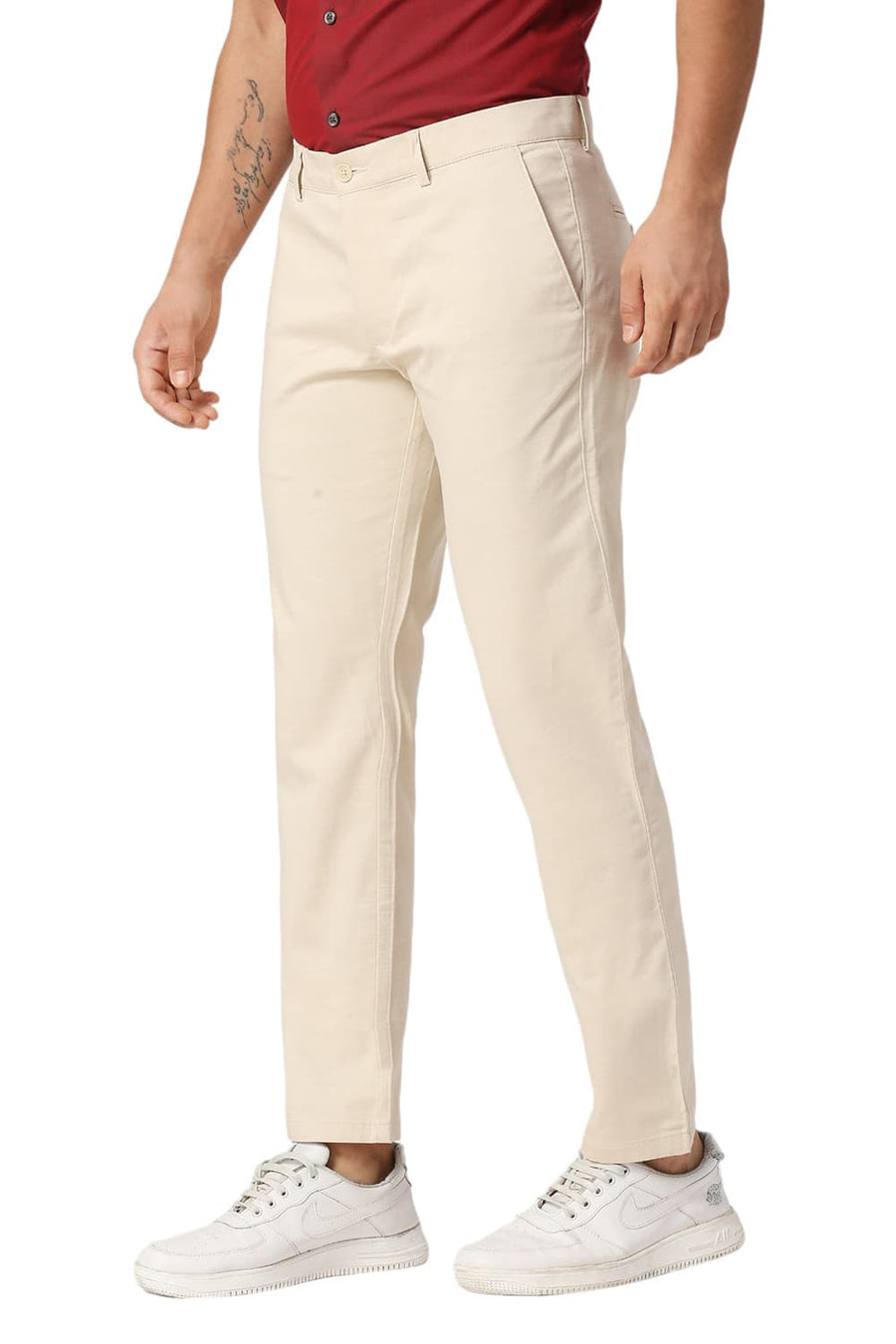 BASICS TAPERED FIT ALMOND BEIGE COTTON STRETCH DOBBY TROUSERS