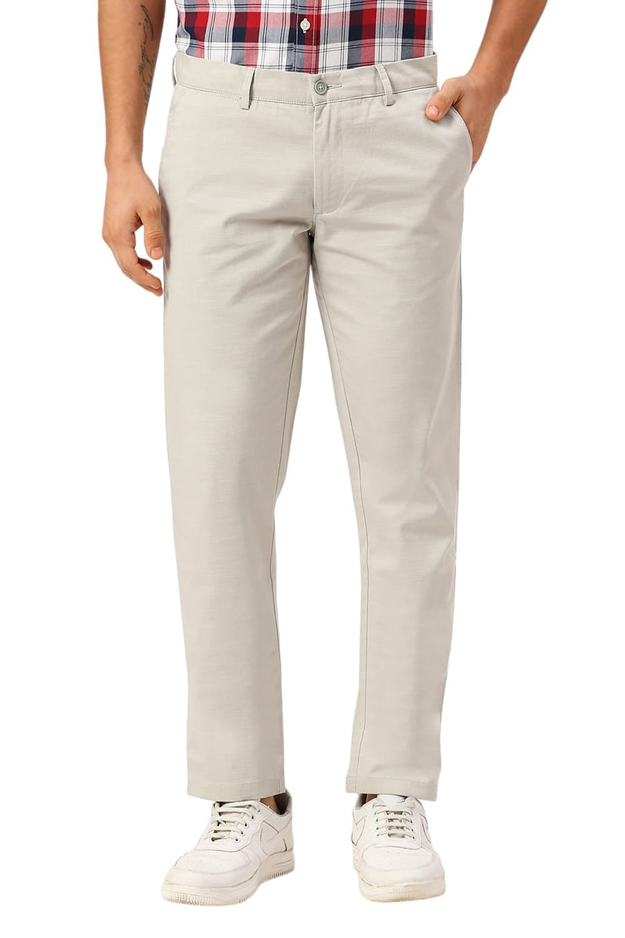 BASICS TAPERED FIT BELGIAN GREY COTTON STRETCH DOBBY TROUSERS