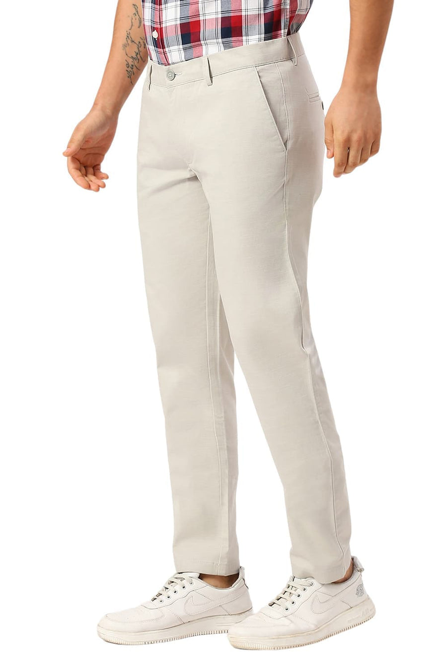 BASICS TAPERED FIT BELGIAN GREY COTTON STRETCH DOBBY TROUSERS