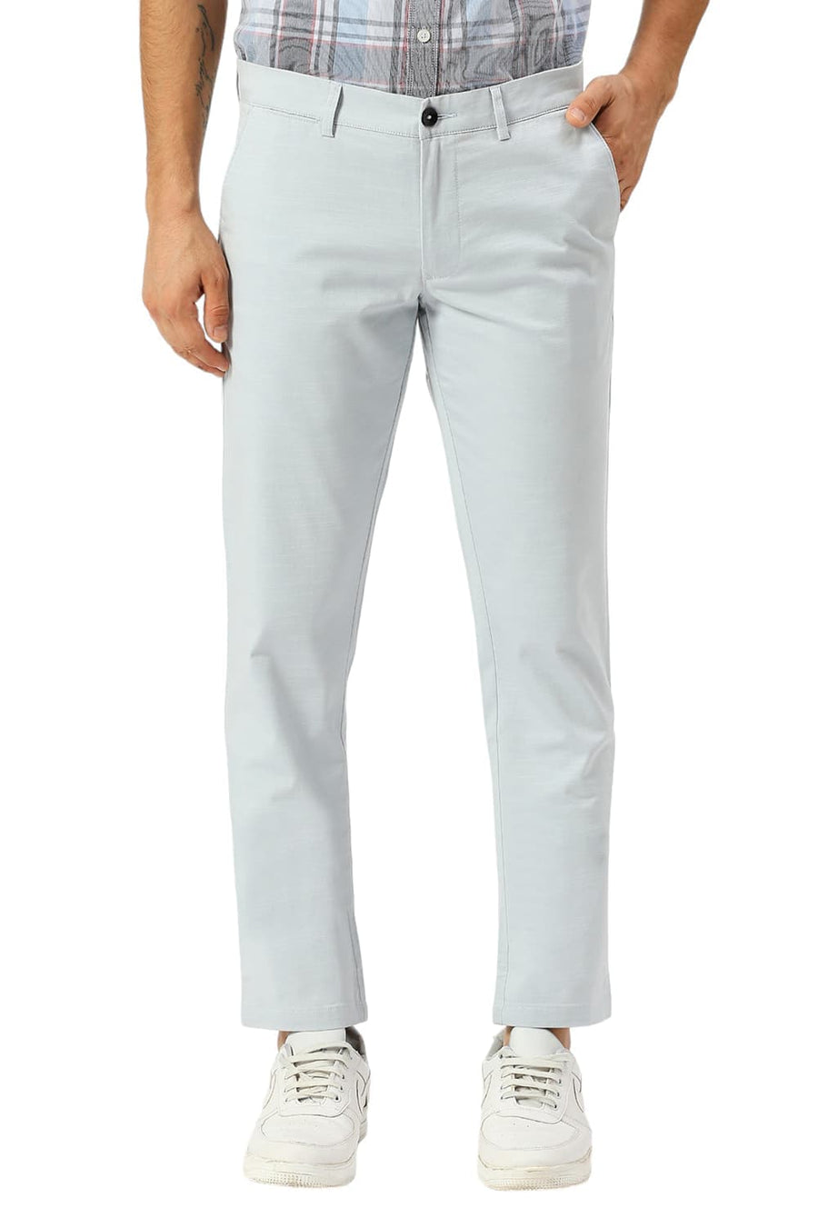 BASICS TAPERED FIT AIR BLUE COTTON STRETCH DOBBY TROUSERS