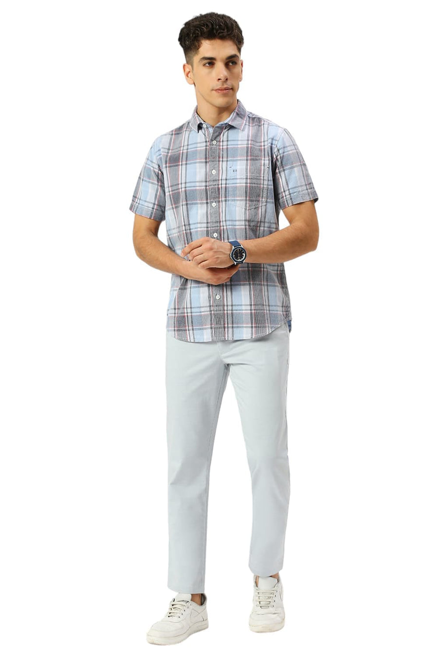 BASICS TAPERED FIT AIR BLUE COTTON STRETCH DOBBY TROUSERS
