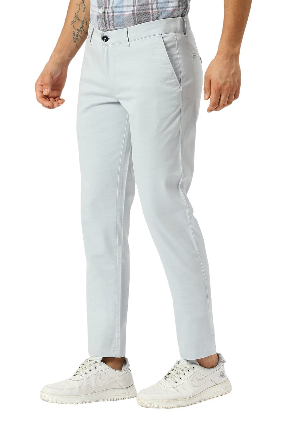 BASICS TAPERED FIT AIR BLUE COTTON STRETCH DOBBY TROUSERS