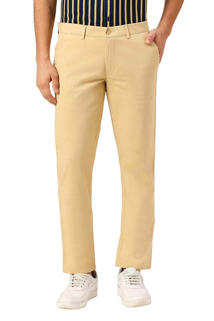 BASICS TAPERED FIT STARFISH KHAKI COTTON STRETCH DOBBY TROUSERS