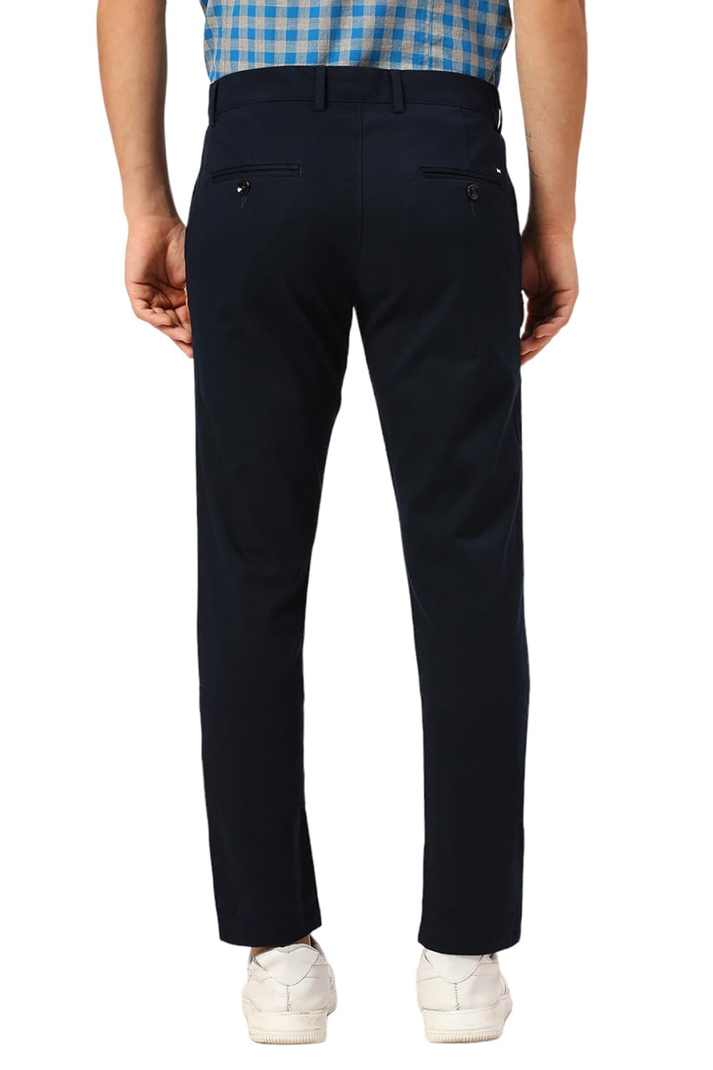 BASICS TAPERED FIT BLUEBERRY NAVY COTTON STRETCH DOBBY TROUSERS