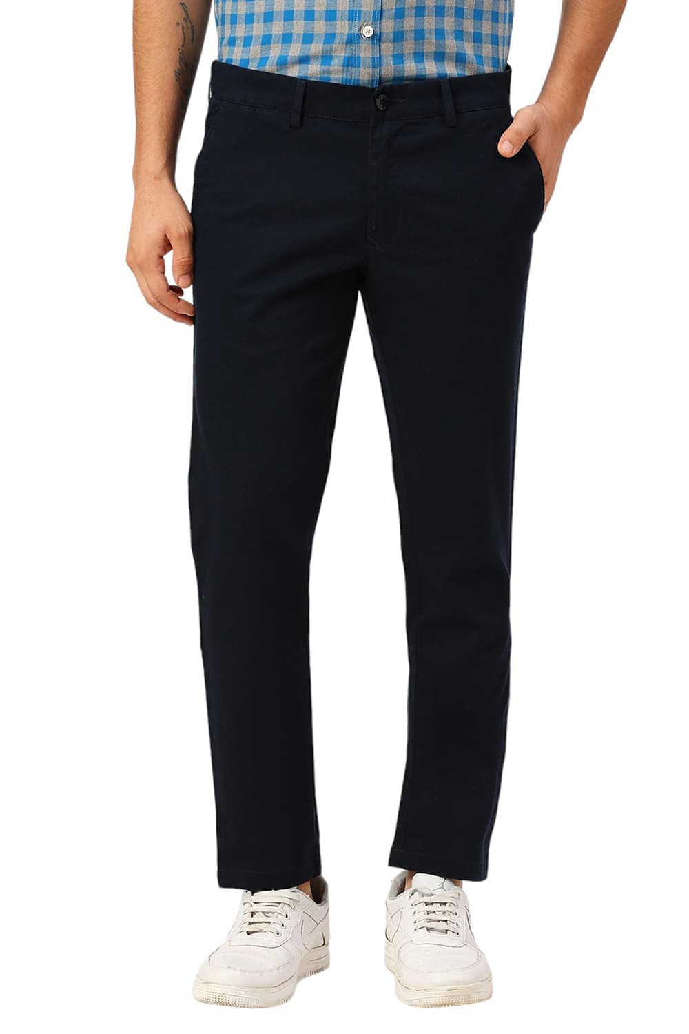 BASICS TAPERED FIT BLUEBERRY NAVY COTTON STRETCH DOBBY TROUSERS